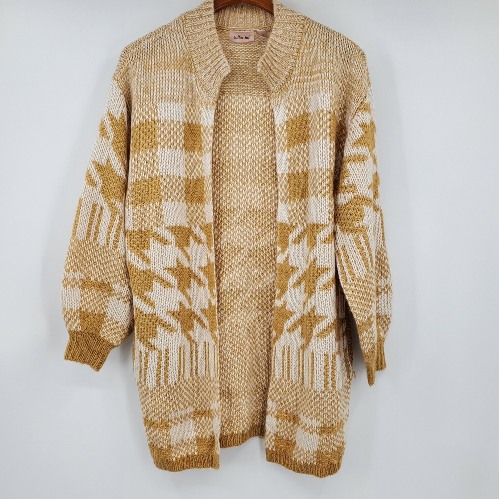 Willow & Root Mustard Yellow Houndstooth Longline Open Front Cardigan XS Boho